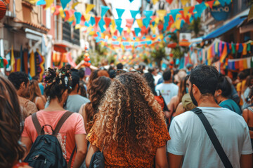 Rear view of a curly-haired person at a vibrant street festival, surrounded by a crowd under a canopy of colorful bunting flags. - obrazy, fototapety, plakaty