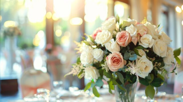 Elegant wedding decorations featuring a bouquet of white and pink flowers set in a bright restaurant.