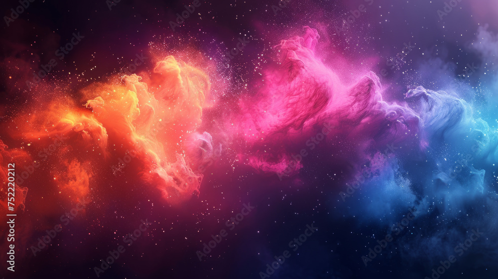 Poster a vibrant abstract image that blends multiple colors resembling a cosmic nebula, with stars scattere