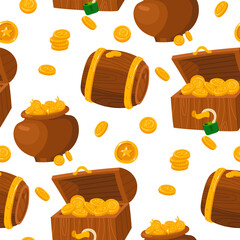 Pattern with gold coins in containers. Clay cauldron, a chest, a barrel in a repeat background with a vector seamless pattern. Gold coins from pirate treasures, the wealth of the leprechaun of wealth