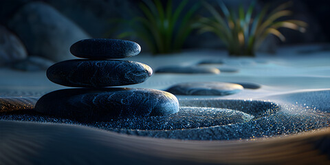 Balancing pebble stones background Calm peaceful mediation and relaxation in Zen garden, 
 - obrazy, fototapety, plakaty