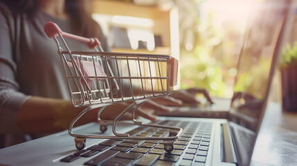 Concept of e-commerce and online shopping: Cashiers with a shopping cart depicted on a laptop keyboard, illustrating consumers buying goods and services from home or office. - obrazy, fototapety, plakaty