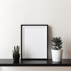 Modern Black Frame with White Matte Against Plain Wall Mockup