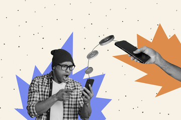 Contemporary art collage of shocked guy looking how his bank account hacked scamming phone steal...