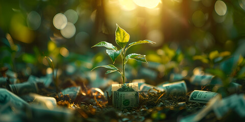  Economic Growth concept ,money growing on plant  - obrazy, fototapety, plakaty
