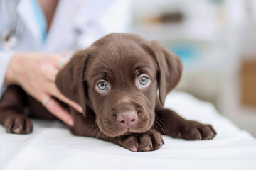 Check up of cute chocolate labrador puppy at the vet.