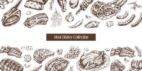 Meat and vegetables menu template in engraved vintage style. Hand-drawn sketches of barbecue meat pieces with herbs and seasonings. Background for meat restaurant..