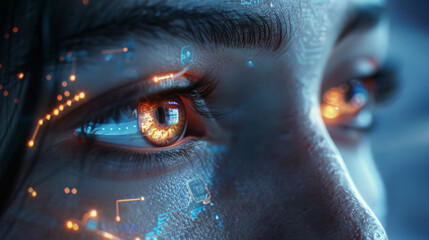 Close-up of a woman's eye enhanced with futuristic digital overlays, illustrating advanced biometric scanning technology or augmented reality concepts with a focus on detail and vivid colors.
