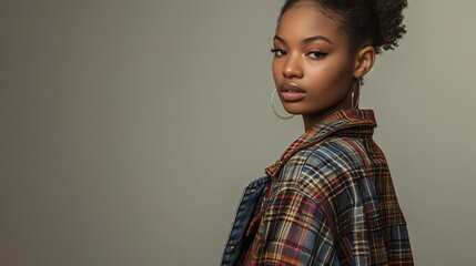 A woman wearing a plaid jacket and hoop earrings