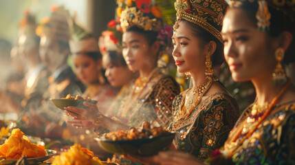 A group of women dressed in traditional ornate costumes with headpieces, holding offerings in a warm, softly-lit setting.