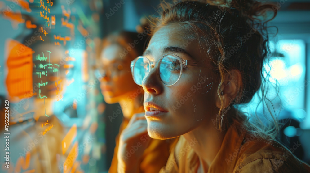 Aufkleber a woman with glasses is looking intently at a screen displaying colorful data visualization graphics