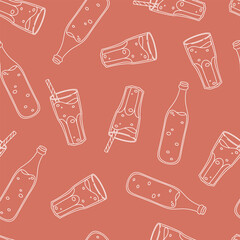 Soft soda drink bottles and glasses seamless pattern. Simple outline vector texture. Cute hand drawn lemonade theme background for packaging, apparel, card, wrapping paper, fabric, wallpaper, textile.