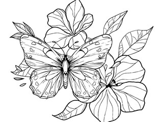 Coloring book image, flower with a large butterfly. Vector, generative ai.