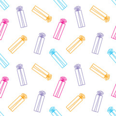 Seamless vector pattern with cute hand drawn gift boxes. Line objects. Colorful palette. Fun presents theme texture for wrapping paper, textile, print, fabric, wallpaper, card, apparel, packaging.