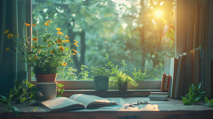 Obraz premium A peaceful moment of journaling and reflection by a window with a view of nature, encouraging mindfulness and intention-setting at the beginning of the day.