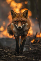 Close up of red fox running away from forest fire. wildfire, environmental disaster, global warming, climate change concept.