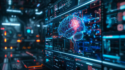 Futuristic depiction of a glowing brain interface with advanced neural network connections, symbolizing artificial intelligence - obrazy, fototapety, plakaty