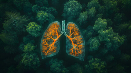 Conceptual image of lungs superimposed on a forest canopy illustrating lung diseases. Environmental health and awareness concept for design and print - obrazy, fototapety, plakaty