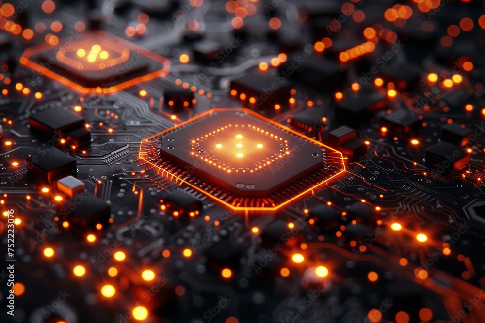 Poster a macro shot of an illuminated circuit board, showcasing the striking red electrical pathways and co