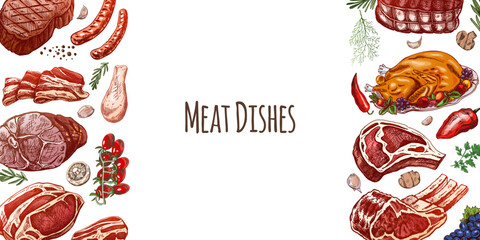 Meat and vegetables menu template in engraved vintage style. Hand-drawn colored sketches of barbecue meat pieces with herbs and seasonings. Background for meat restaurant..