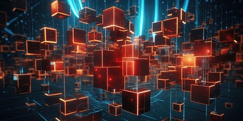 Cubes floating. Representing Blockchain technology and binary data. Ai Generative