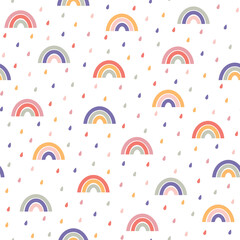 Colorful rainbows and raindrops cute hand drawn seamless vector pattern. Kawaii background for kids room decor, nursery art, packaging, wrapping paper, textile, print, fabric, wallpaper, gift, apparel