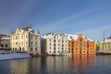 The Jugend city Aalesund (Ålesund) harbor on a beautiful cold winter's day. Møre and Romsdal county