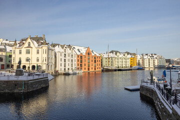 The Jugend city Aalesund (Ålesund) harbor on a beautiful cold winter's day. Møre and Romsdal county