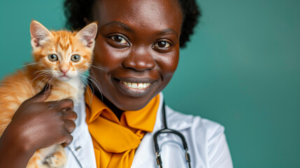 A female afro american veterinarian in a white uniform holds an orange kitten on a turquoise background. Pet check. Copy space.
