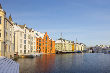 The Jugend city Aalesund (Ålesund) harbor on a beautiful cold winter's day. Møre and Romsdal county