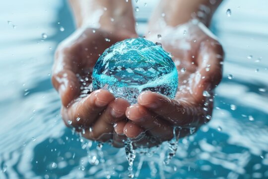 world water day . Hands holding clean water drop in shape of planet Earth. ai generated