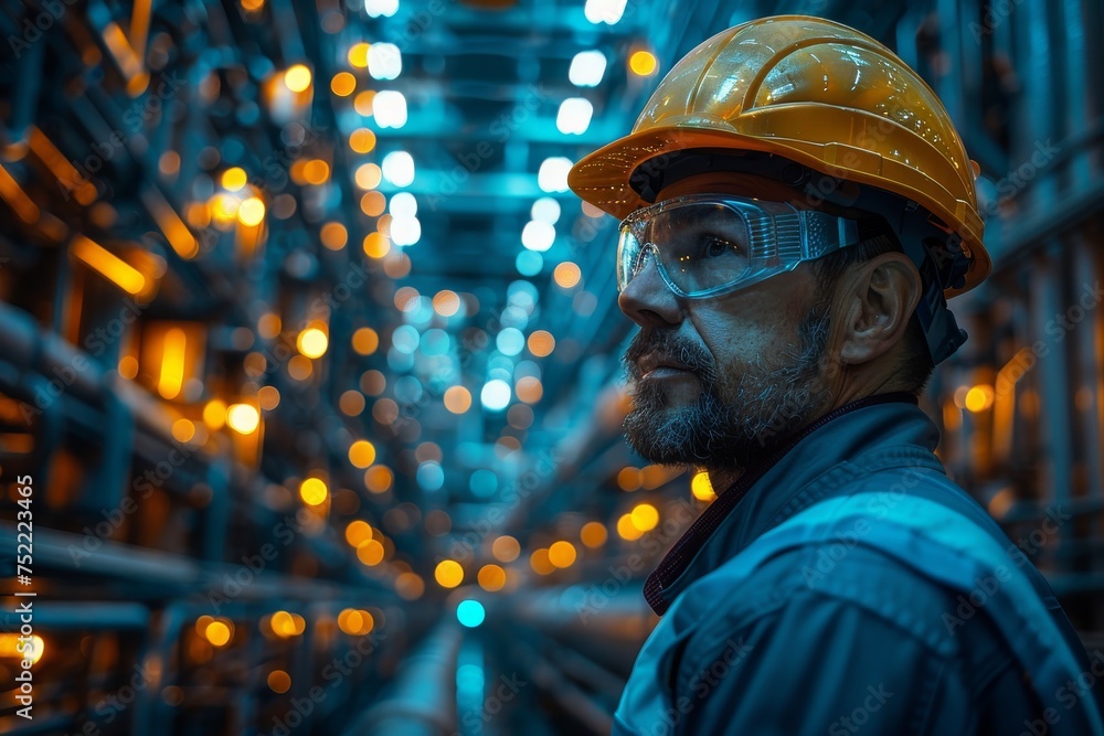 Poster industrial worker in protective gear in a factory setting with a blurred face and bokeh lights in ba