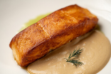 Close-up of One piece of baked salmon grilled with two sauce on white plate on table