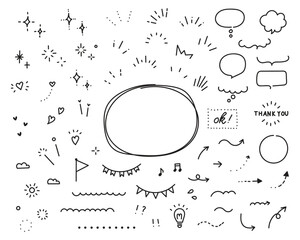 Set of doodle illustrations. The illustrations have elements of doodles, stars, sparkles, hearts, decorations, frames, speech bubbles, arrows.