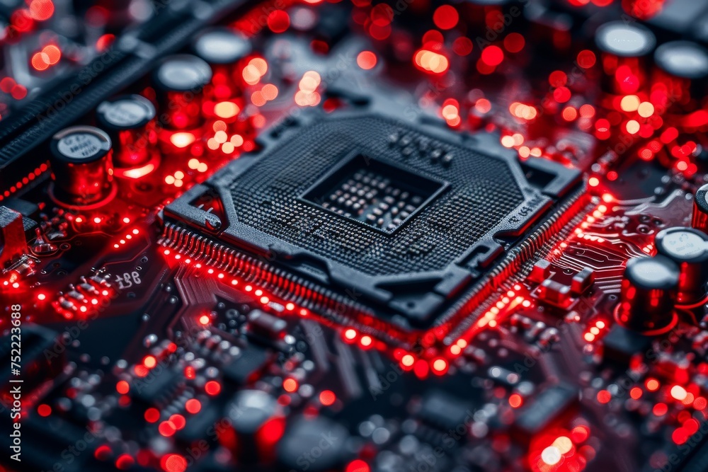 Poster a detailed, macro photo of a red-lit processor chip showcasing the intricacies of modern computing t