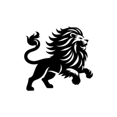 Black and white illustration of a running lion. Vector logo of a lion.