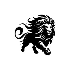 Black and white illustration of a running lion. Vector logo of a lion.