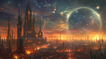 A futuristic city skyline with towering skyscrapers, a glowing horizon, and celestial bodies in the sky, depicting a science fiction urban landscape at sunset.