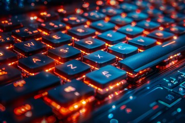 Fototapeta premium Detailed shot of a modern backlit keyboard with glowing red lights between the keys emphasizing technology and gaming