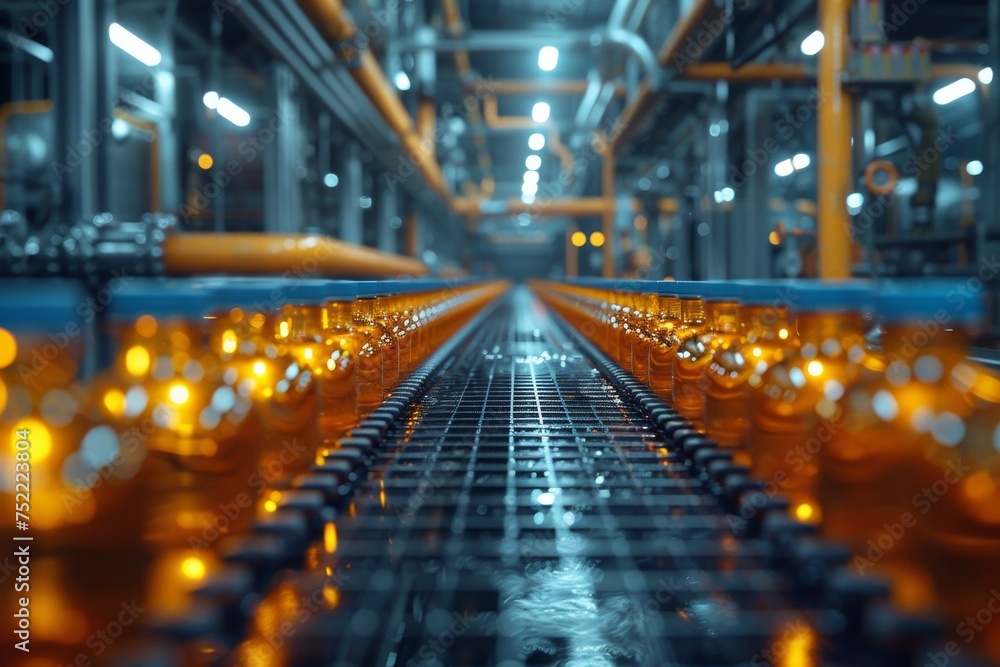 Poster an image highlighting the glowing conveyor belt during the filling process in a bottling factory wit