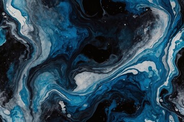 blue liquid acrylic paint swirls on black background - obrazy, fototapety, plakaty