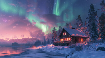 A cozy cabin with illuminated windows sits by a serene, snow-covered lakeside, under a majestic aurora borealis display in a twilight sky, surrounded by frosty pine trees and distant mountains.