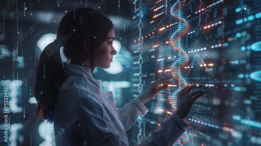 Poster a focused scientist interacts with a 3d holographic dna model in a futuristic lab setting, represent