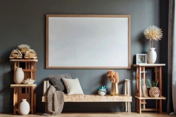 interior of Living Room Interior with frames, poster armchairs ,sofa and Sideboard on Top