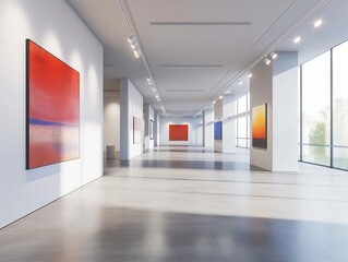 Bright contemporary art gallery with large paintings displayed on white walls, reflective floor, and elegant lighting.