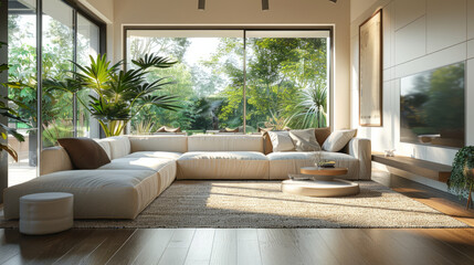 Modern living room interior with a large sectional sofa, expansive windows showcasing a garden view, and natural light bathing the space.