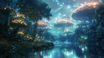 A mystical forest scene at night with oversized, glowing mushrooms along a serene river under a starry sky. - obrazy, fototapety, plakaty