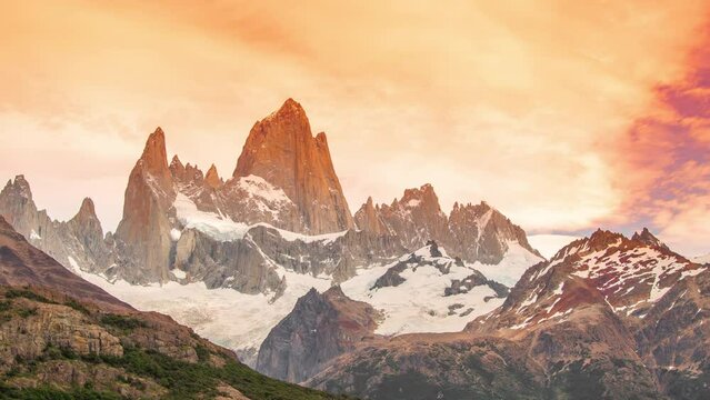 Timelapse of Fitz Roy mountain on sunset time in El Chanten, on the border between Argentina and Chile, Los Glaciares National Park, Patagonia, Argentina.