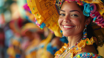 A joyful woman with a radiant smile wearing a traditional colorful headscarf and dress with intricate patterns.