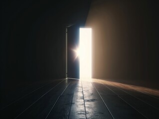 A single open door glowing with bright light in a darkened room symbolizes opportunity, hope, and the unknown.